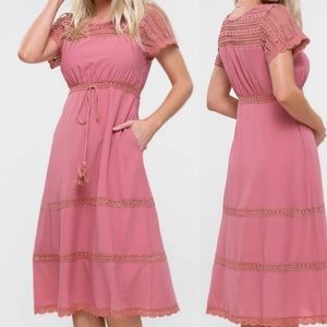 Listicle Lace Paneled Crochet Tie Wist Midi Dress